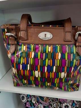 Fossil Key-Per Calypso Multi-Color Coated Canvas Tote Shoulder Bag